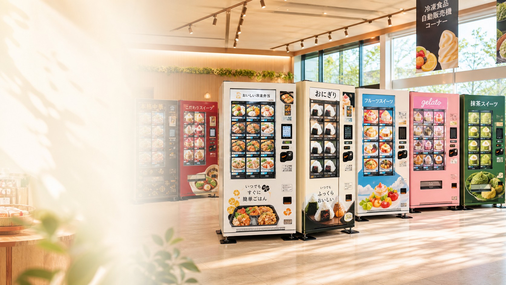 複数の冷凍食品自販機が並ぶショールームのトップバナーイメージ
