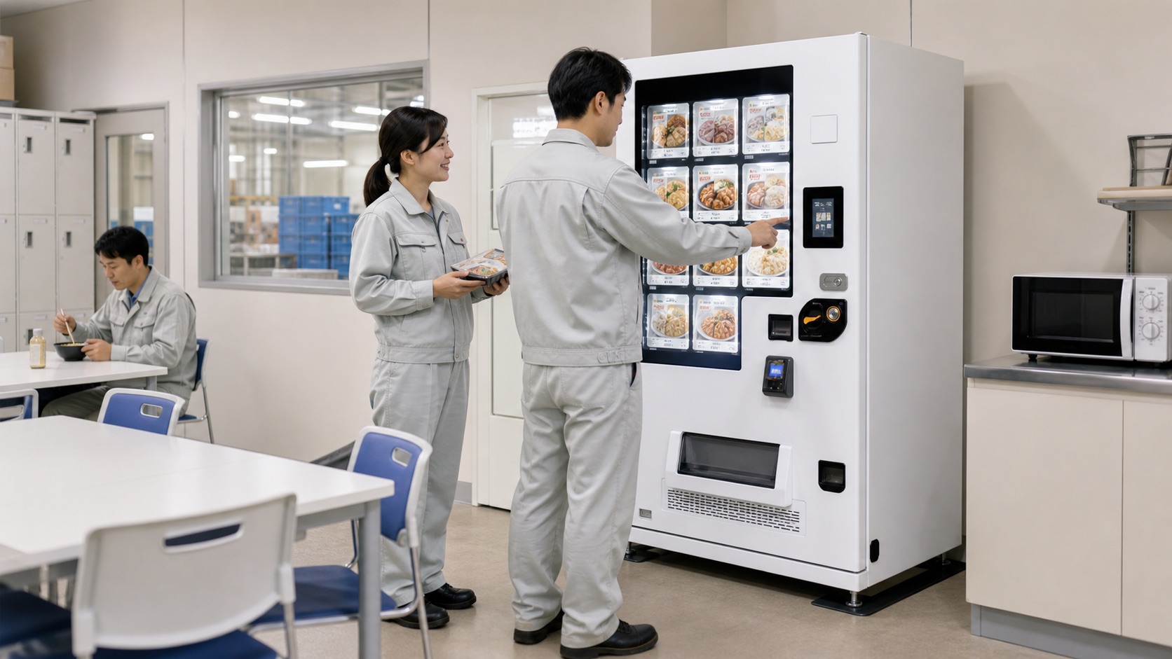 工場休憩室で冷凍自販機を利用する様子