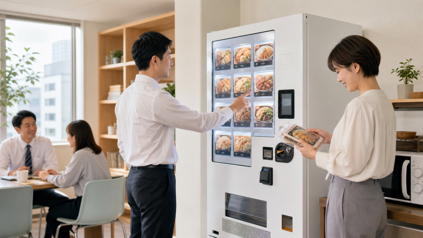 オフィス休憩室で冷凍自販機を利用する様子