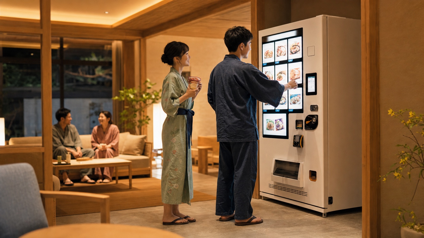 温浴施設やホテルラウンジで冷凍自販機を利用する様子
