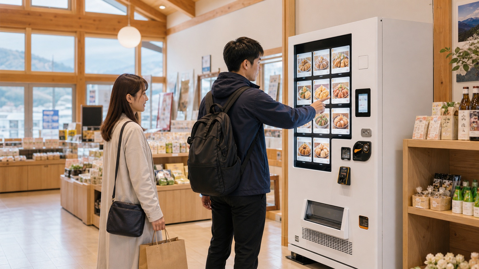 観光施設で冷凍自販機を利用する様子